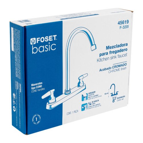45619 - Mezcladora 8" fregadero cromo, cuello curvo, cono, BASIC