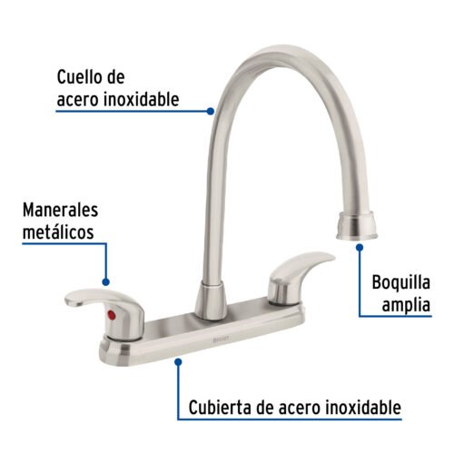 456241 45624 - Mezcladora fregadero 8" satín, cuello largo, palanca, AQUA