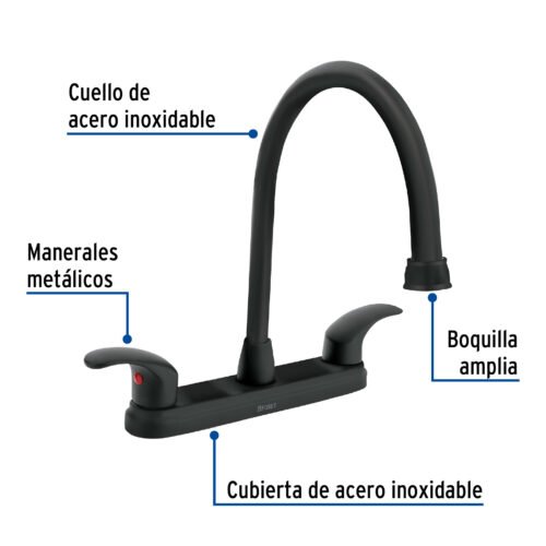 456251 45625 - Mezcladora fregadero 8" negro, cuello largo, palanca, AQUA