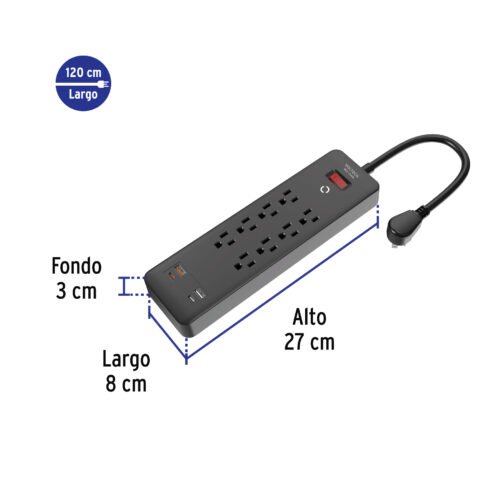 45661 - Multicontacto 8 entradas, 2 USB A  2 USB C, negro, VOLTECK
