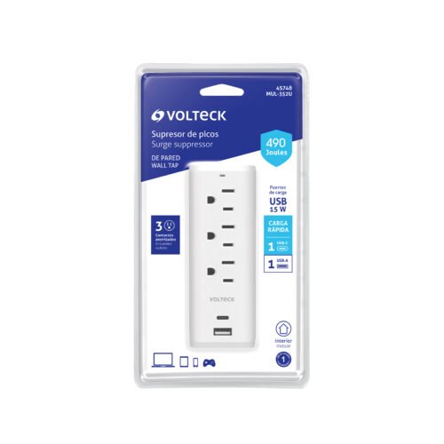 457482 45748 - Multicontacto de pared, 490 Joules, 3 contactos y 2 USB A