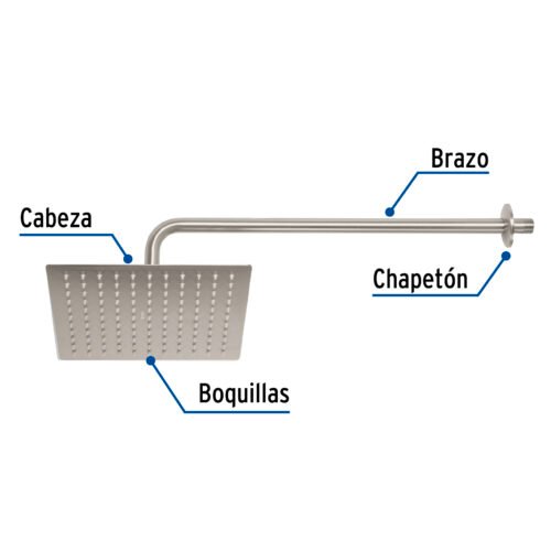 45774 - Regadera plato cuadrado 10" con brazo, satín, FOSET RIVIERA