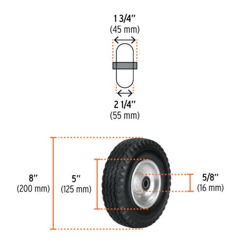 45910 - Rueda imponchable 8" para eje lateral, Truper