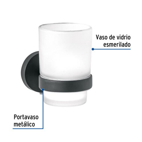 459571 45957 - Portavaso cepillero negro con vaso de vidrio, Foset Túbig