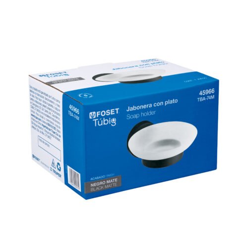 459663 45966 - Jabonera metálica negro con plato de vidrio, Foset Túbig