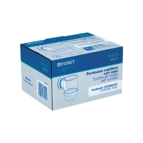 45976 - Portavaso cepillero cromo con vaso de vidrio, Foset Aqua