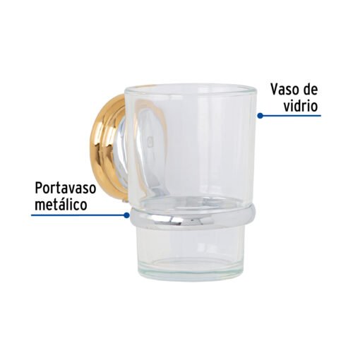 459771 45977 - Portavaso cepillero cromo-oro con vaso de vidrio, Foset Aqua