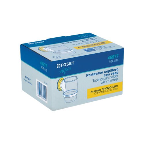 459772 45977 - Portavaso cepillero cromo-oro con vaso de vidrio, Foset Aqua