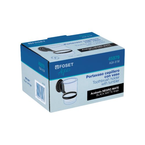 459792 45979 - Portavaso cepillero negro con vaso de vidrio, Foset Aqua