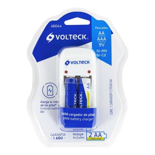 46044 - Cargador de pilas, AA, AAA y 9V, incluye 2 pilas AA, Volteck