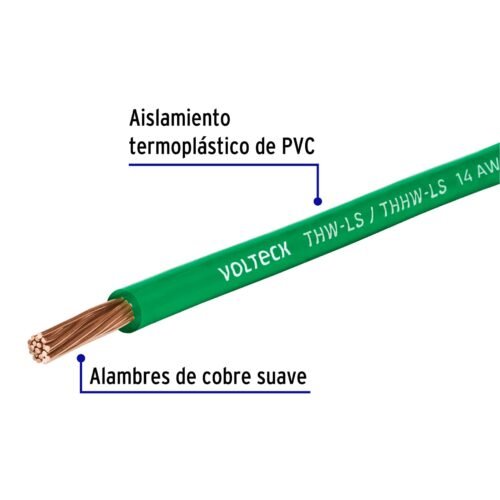 460652 46065 - Rollo de 100 m de cable THHW-LS 14 AWG verde, Volteck