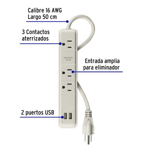 460891 46089 - Multicontacto 16 AWG 3 entradas 2 puertos USB supresor 300 J