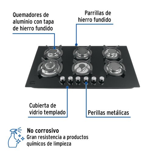 462471 46247 - Parrilla gas empotrable 90cm, 6 quem, vidrio negro, Riviera