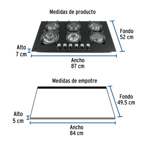 462472 46247 - Parrilla gas empotrable 90cm, 6 quem, vidrio negro, Riviera