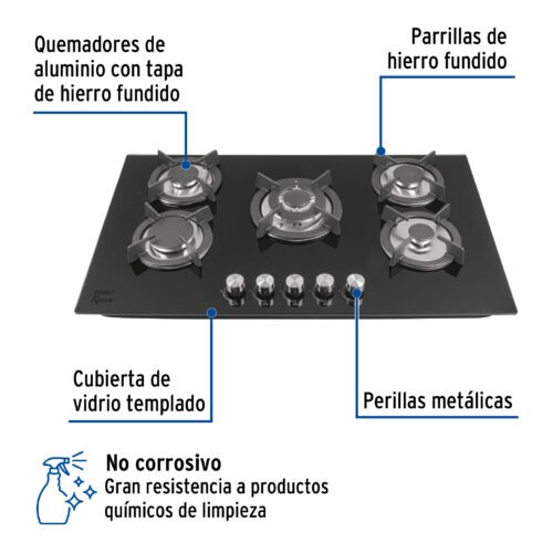 46248 - Parrilla gas empotrable 90cm, 5 quem, vidrio negro, Riviera