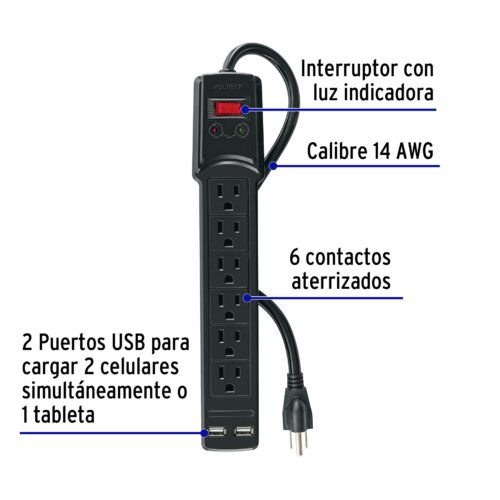 46328 - Multicontacto 14 AWG 6 entradas 2 ptos. USB sup. 150J, negro
