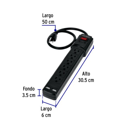46328 - Multicontacto 14 AWG 6 entradas 2 ptos. USB sup. 150J, negro