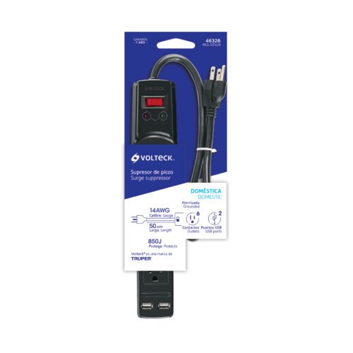 46328 - Multicontacto 14 AWG 6 entradas 2 ptos. USB sup. 150J, negro