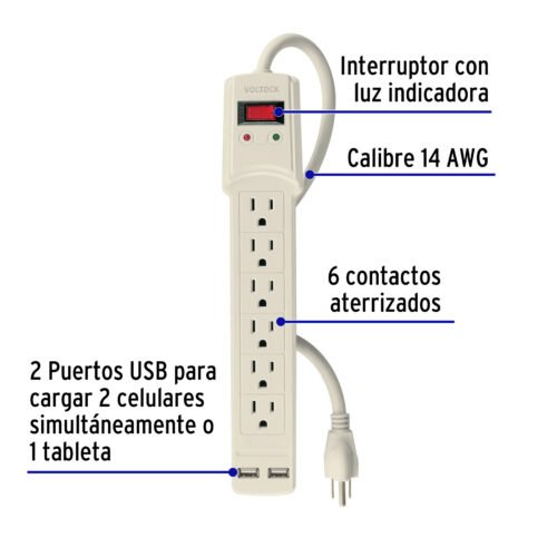 463291 46329 - Multicontacto 14 AWG 6 entradas 2 ptos. USB sup. 150J marfil