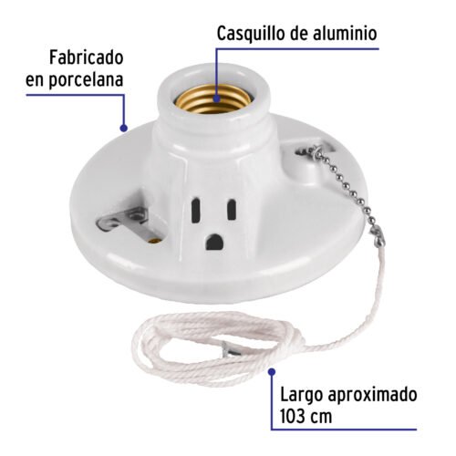 46526 - Portalámpara de porcelana, con ladrón y cadena, Volteck