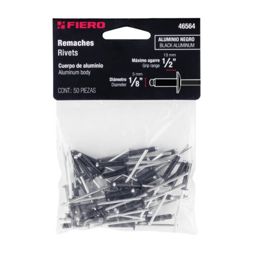 46564 - Bolsa c/50 remaches 1/8"x1/2" negros de aluminio, ala 1/4"