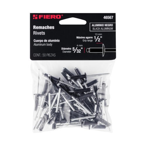 46567 - Bolsa c/50 remaches 5/32"x1/2" negros de aluminio, ala 5/16"