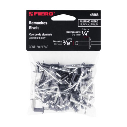 46568 - Bolsa c/50 remaches 3/16"x1/4" negros de aluminio, ala 3/8"