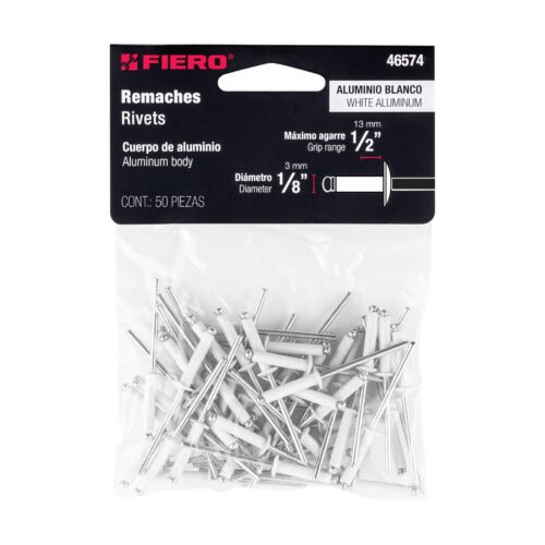 46574 - Bolsa c/50 remaches 1/8"x1/2" blancos de aluminio, ala 1/4"