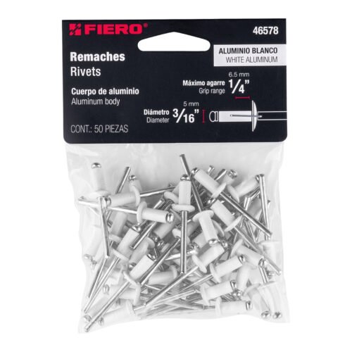 46578 - Bolsa c/50 remaches 3/16"x1/4" blancos de aluminio, ala 3/8"