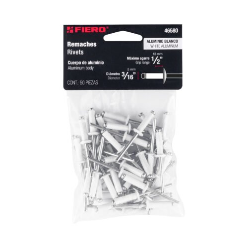 46580 - Bolsa c/50 remaches 3/16"x1/2" blancos de aluminio, ala 3/8"