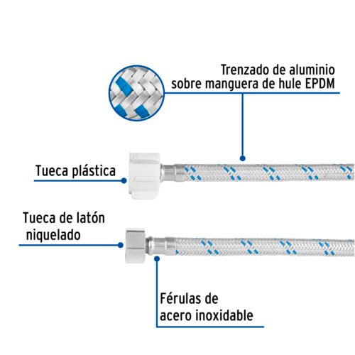 465901 46590 - Manguera p/WC, aluminio, 1/2" x 7/8", 60 cm, plástico/latón