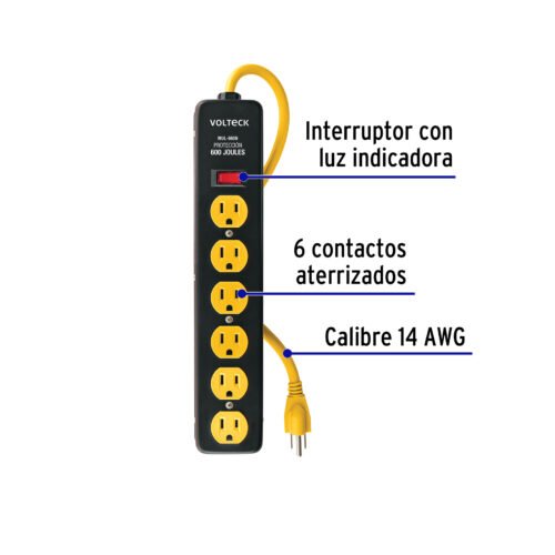 467191 46719 - Multicontacto 14 AWG, 6 entradas sup. de picos 600 J, negro