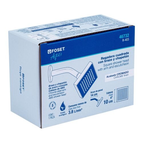467325 46732 - Regadera cuadrada ABS 4" acabado cromo con brazo, Foset