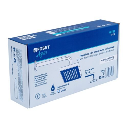 467345 46734 - Regadera cuadrada ABS 6" acabado cromo con brazo, Foset