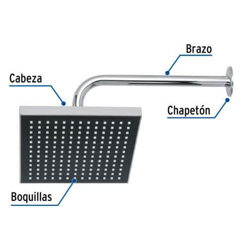 46736 - Regadera cuadrada ABS 8" acabado cromo con brazo, Foset