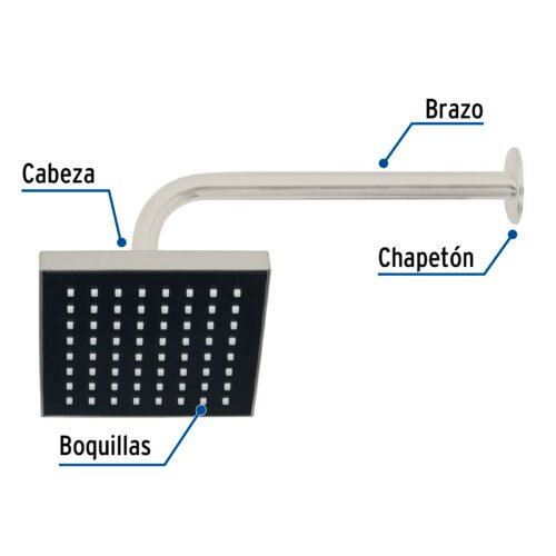 46740 - Regadera cuadrada ABS 6" acabado satín con brazo, Foset