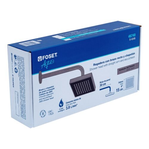 46740 - Regadera cuadrada ABS 6" acabado satín con brazo, Foset