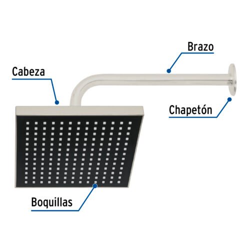 46742 - Regadera cuadrada ABS 8" acabado satín con brazo, Foset