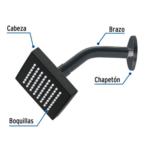46744 - Regadera cuadrada ABS 4" acabado negro mate con brazo, Foset