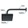 46746 - Regadera cuadrada ABS 6" acabado negro mate con brazo, Foset