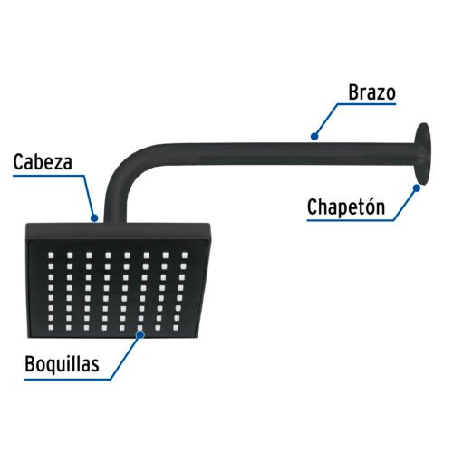 46746 - Regadera cuadrada ABS 6" acabado negro mate con brazo, Foset