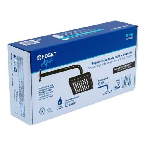 46746 - Regadera cuadrada ABS 6" acabado negro mate con brazo, Foset