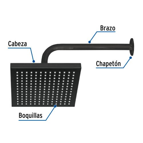 46748 - Regadera cuadrada ABS 8" acabado negro mate con brazo, Foset