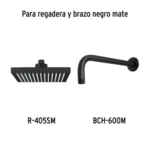 46748 - Regadera cuadrada ABS 8" acabado negro mate con brazo, Foset
