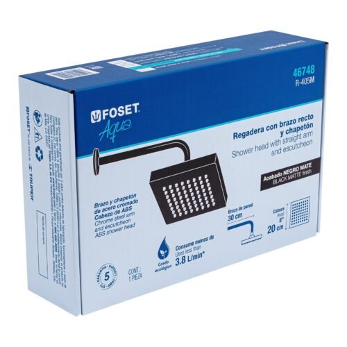 46748 - Regadera cuadrada ABS 8" acabado negro mate con brazo, Foset