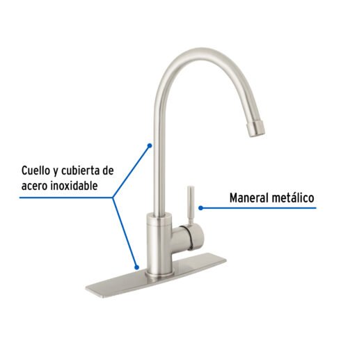 46766 - Monomando para fregadero, cuello alto, satín, Foset Tubig