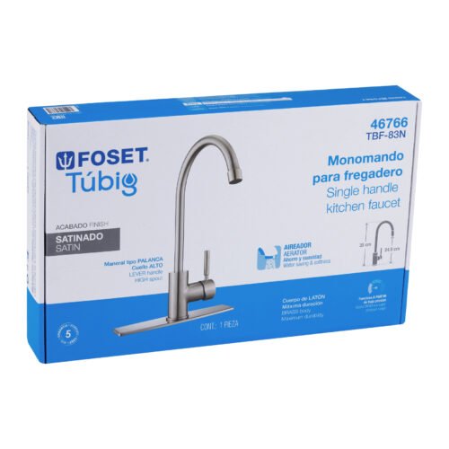 46766 - Monomando para fregadero, cuello alto, satín, Foset Tubig