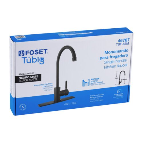 467674 46767 - Monomando para fregadero, cuello alto, negro mate, Tubig