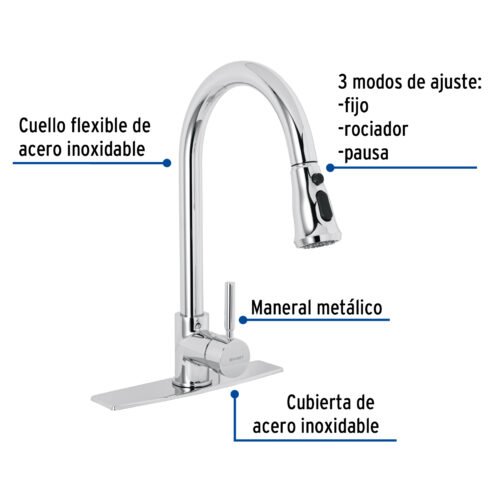 467681 46768 - Monomando para fregadero, cuello extraible, cromo, Tubig