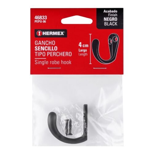 46833 - Gancho sencillo tipo perchero, negro, HERMEX
